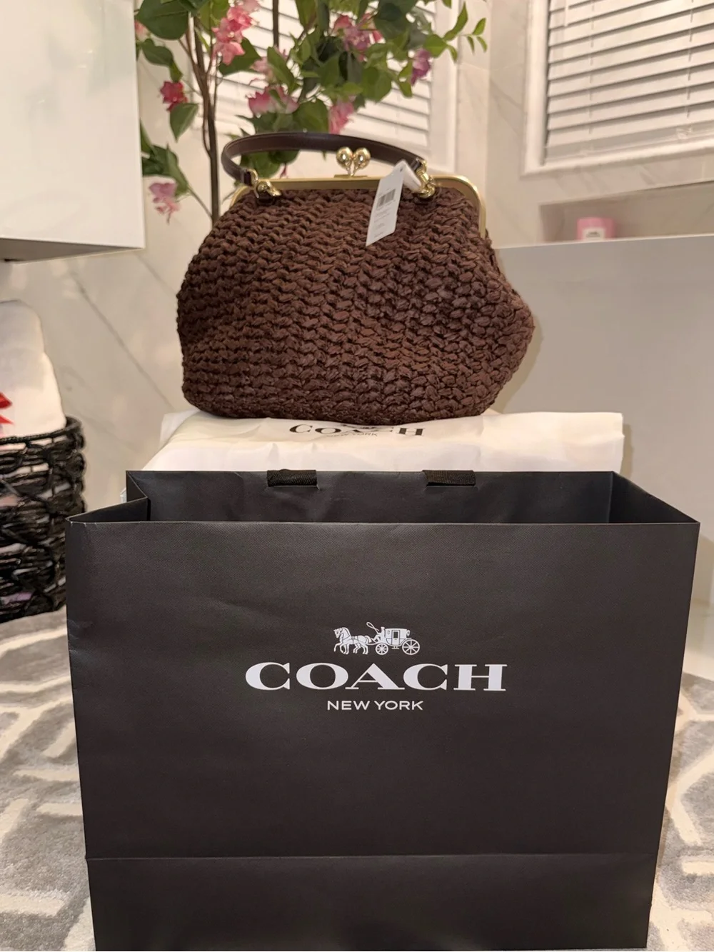Coach Kisslock 27 Frame  Woven Straw Bag Brown NWT